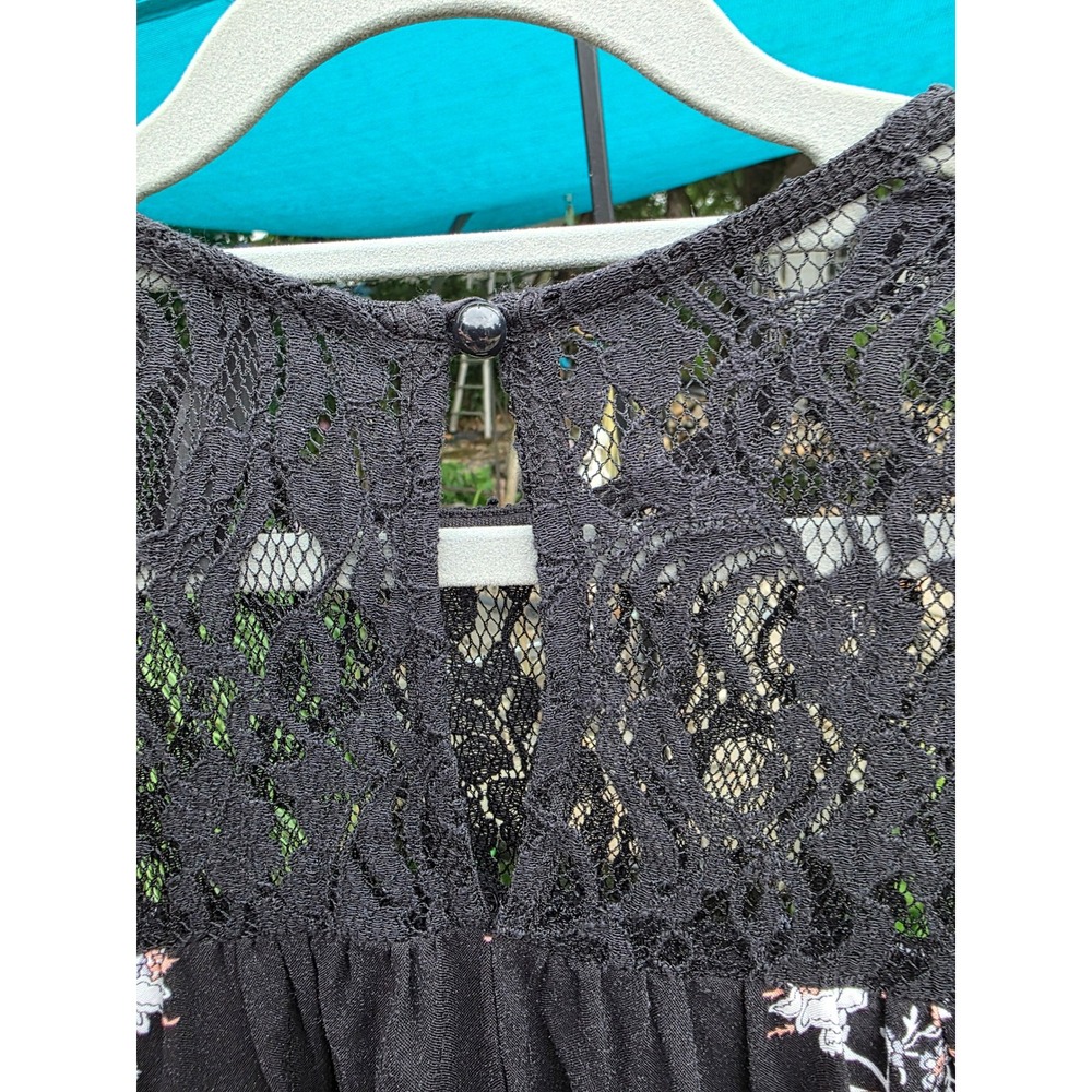 Estam Womens Boho Floral Border Print Sleeveless Tunic Top Black Lace Yoke L - Picture 7 of 9